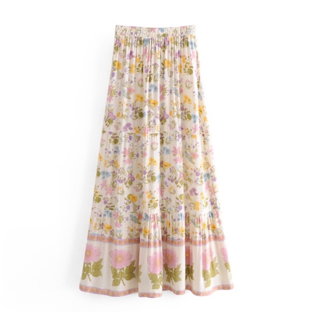 boho Pink floral print ruffle hem maxi skirt gypsy - Picture 8 of 9